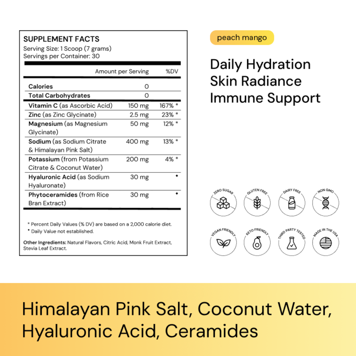 WEL Daily Hydration supplement facts label with coconut water, Himalayan salt, vitamin C, and zinc