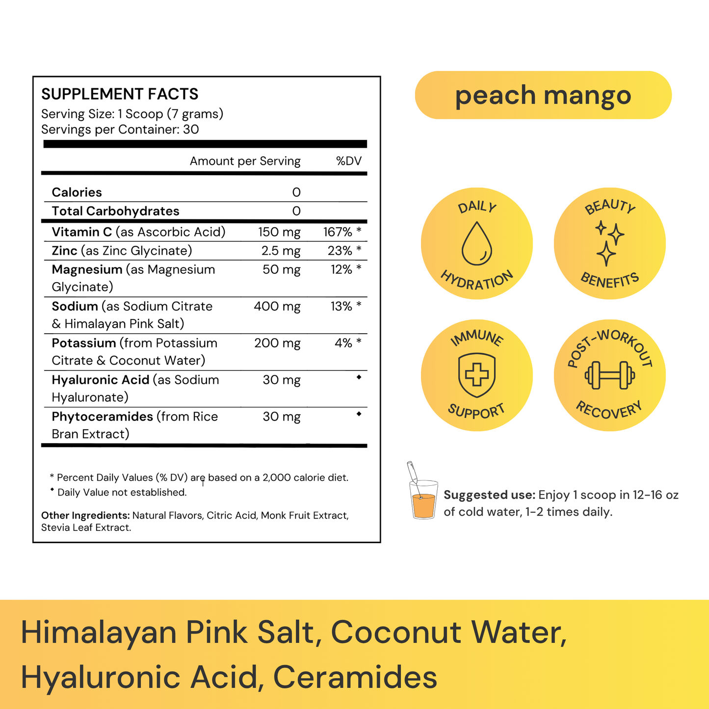 WEL Daily Hydration supplement facts label with hyaluronic acid, ceramides, coconut water, Himalayan salt, vitamin C, and zinc