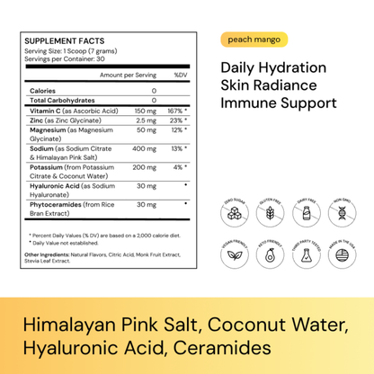 WEL Daily Hydration supplement facts label with coconut water, Himalayan salt, vitamin C, and zinc