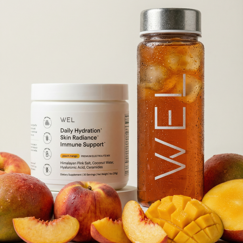 WEL Daily Hydration electrolyte powder container with water bottle for daily hydration ritual