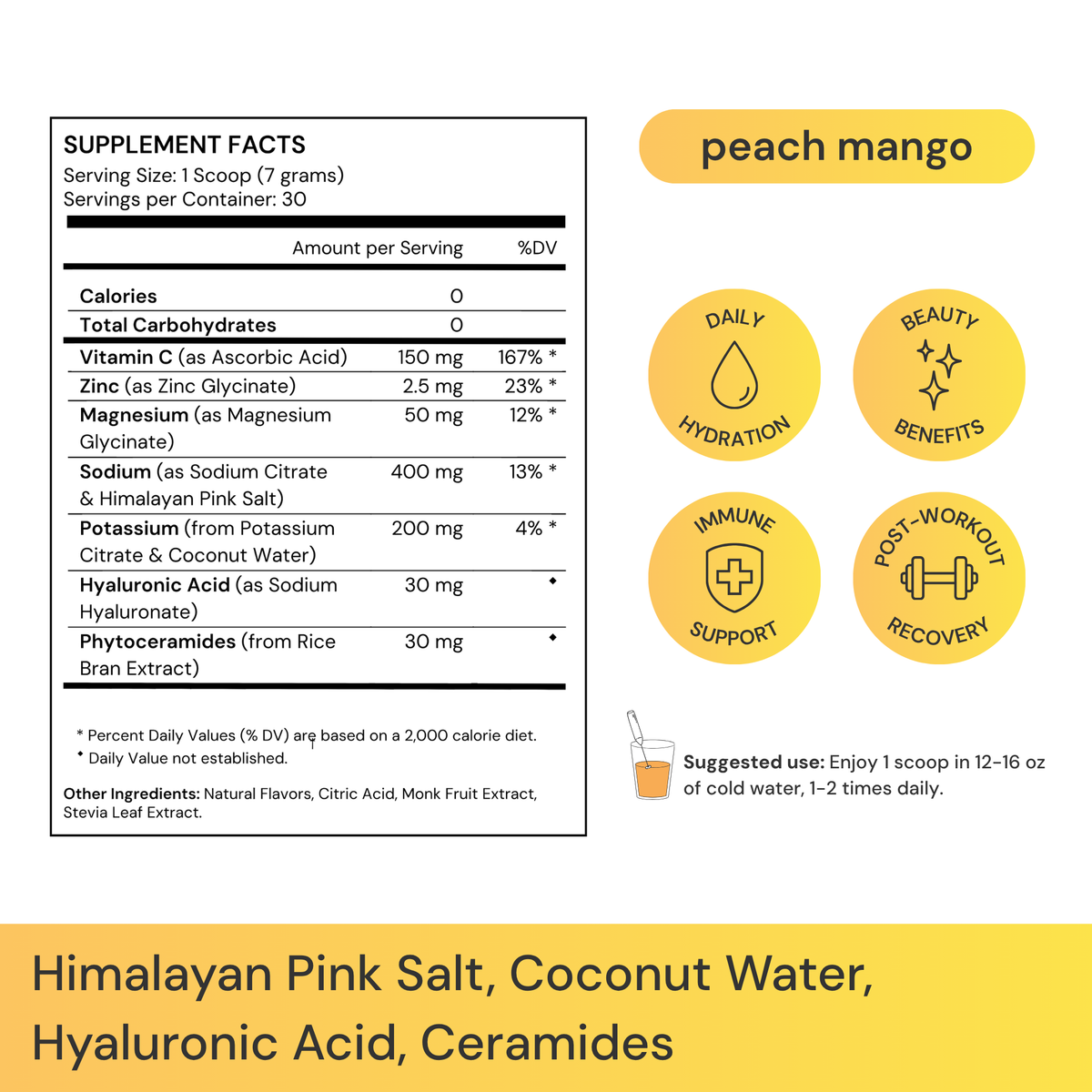 WEL Daily Hydration supplement facts label with hyaluronic acid, ceramides, coconut water, Himalayan salt, vitamin C, and zinc